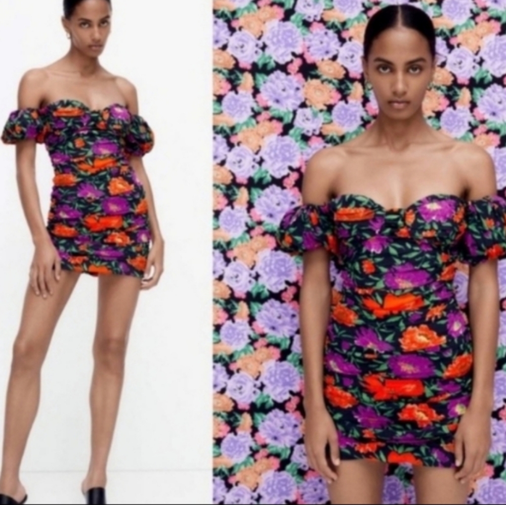 Zara Black Floral Off-Shoulder Mini Dress with Purple & Orange Flowers